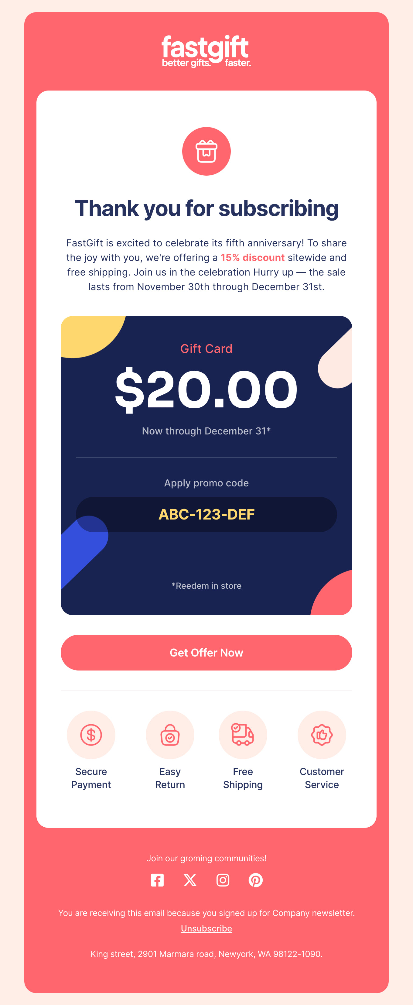 Thank you email template from Postcards