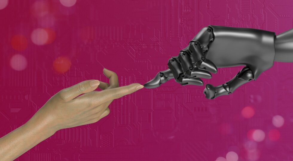 bot hand and human hand pointing each other out