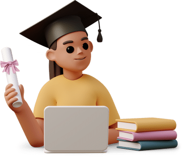 MBA graduate in cap and gown with diploma and laptop