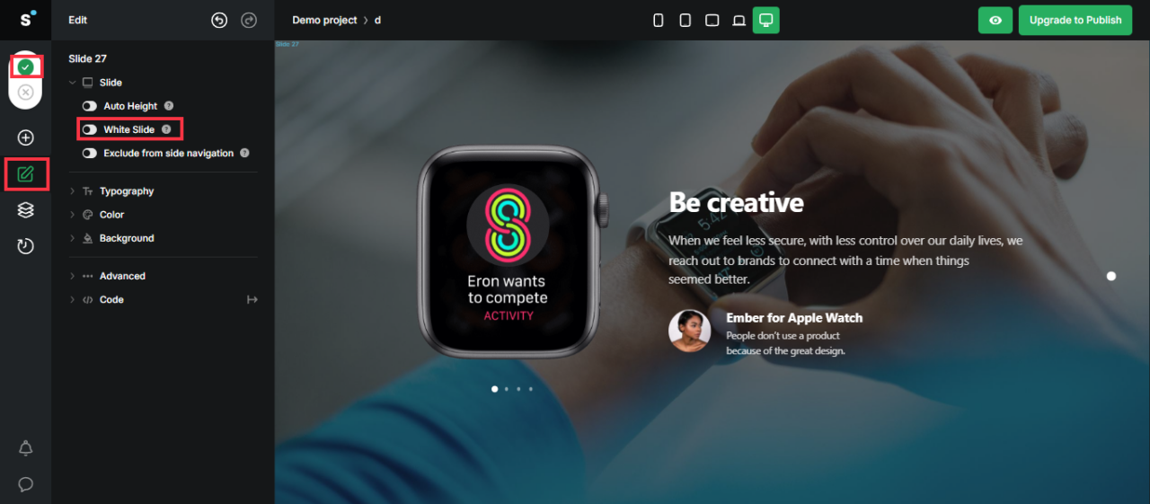 Dark mode web design option in Slides by Designmodo