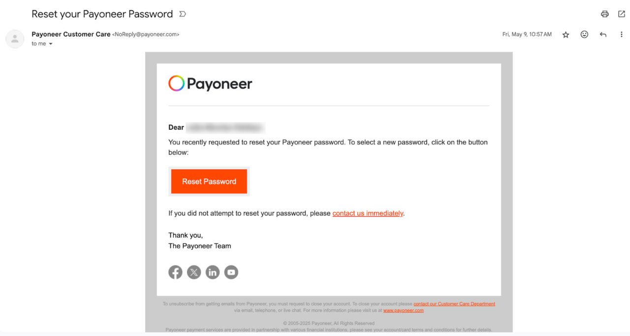 password reset email as an example to notification emails