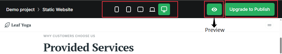 preview and upgrade to publish buttons