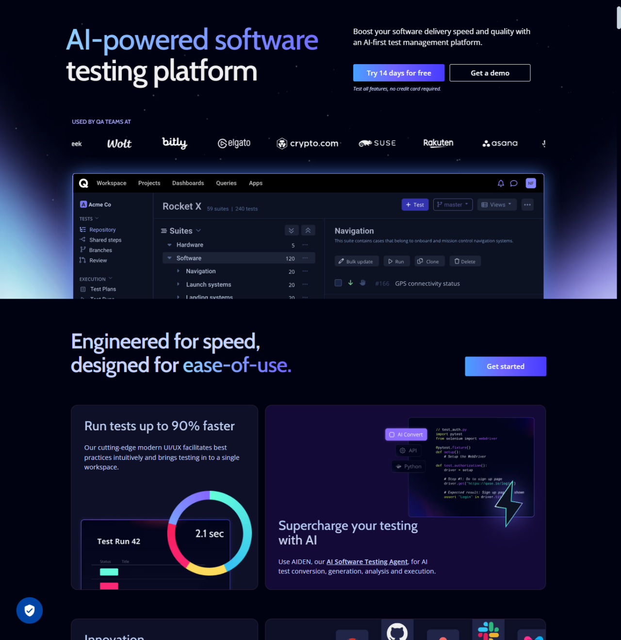Qase software website design as an example to the dark mode websites