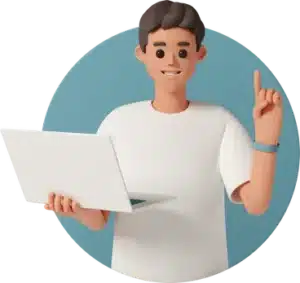 young man holding laptop and pointing upward.