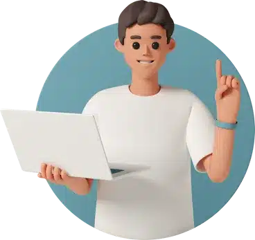 young man holding laptop and pointing up