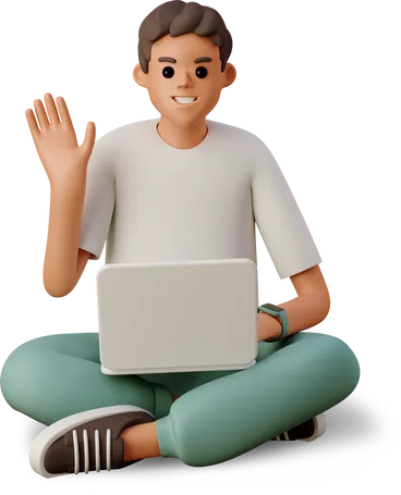 young man sitting with a laptop and waving his hand