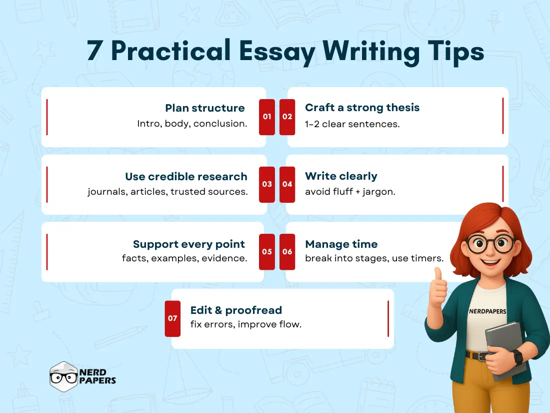 7 practical essay writing tips for students to improve essays – structure, thesis, research, clarity, time management, and proofreading.