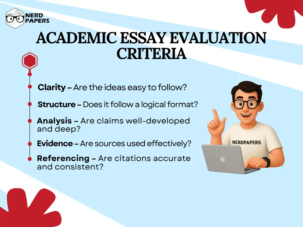 infographic showing criteria used to evaluate academic essays like clarity, structure, and evidence