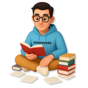 Boy reading a book surrounded by notes for essay writing.