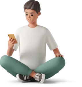 young man sitting cross legged and looking at smart phone