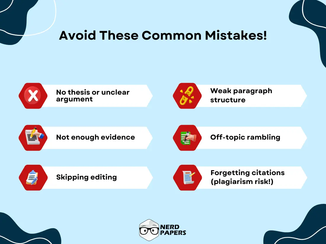 infographic listing common essay writing mistakes like weak thesis, poor evidence, and skipped editing