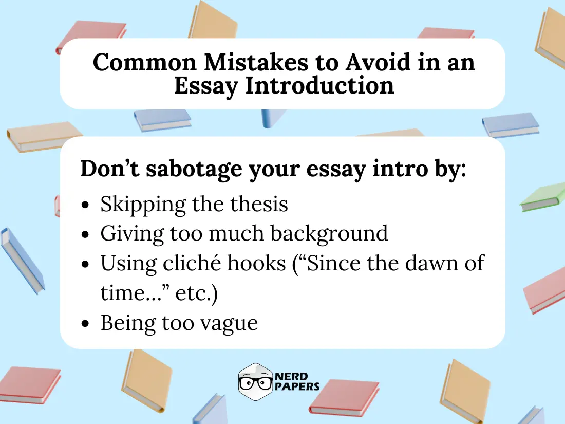 infographic listing mistakes in essay introductions like skipping the thesis and using vague or cliché hooks