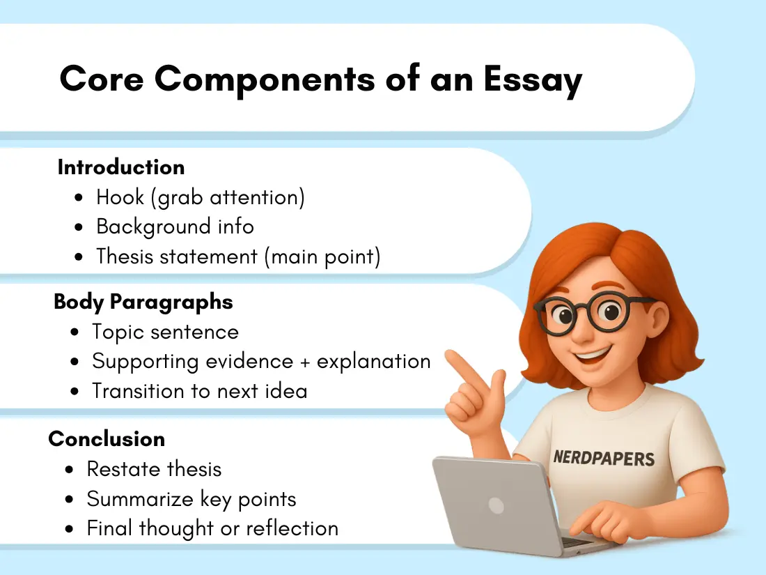 infographic showing core components of an essay including introduction, body, and conclusion