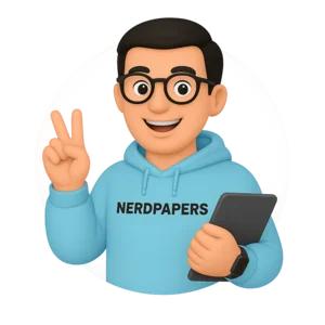Smiling Nerdpapers writer holding a tablet and making a victory sign to celebrate successful task delivery