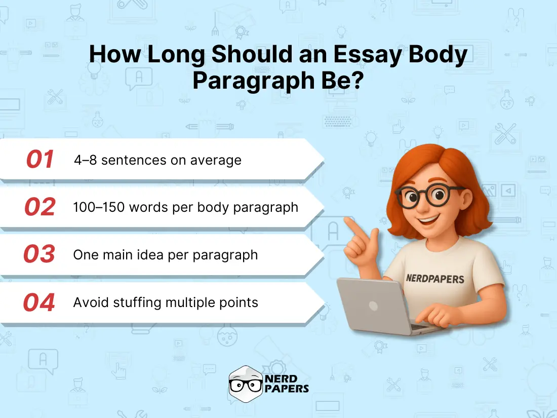 infographic explaining ideal body paragraph length in essays with sentence and word count tips