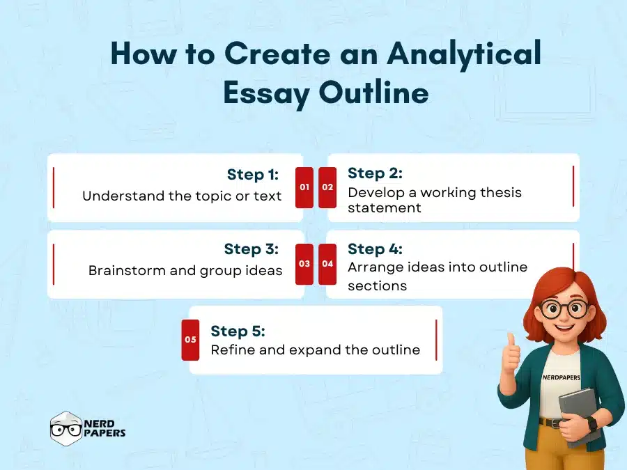 Steps to create an analytical essay outline — from understanding the topic to refining ideas.