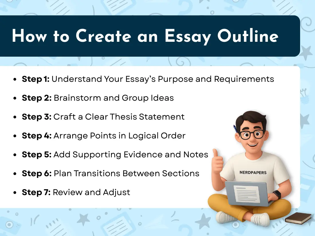 Step-by-step process on how to create an essay outline with Nerdpapers character illustration
