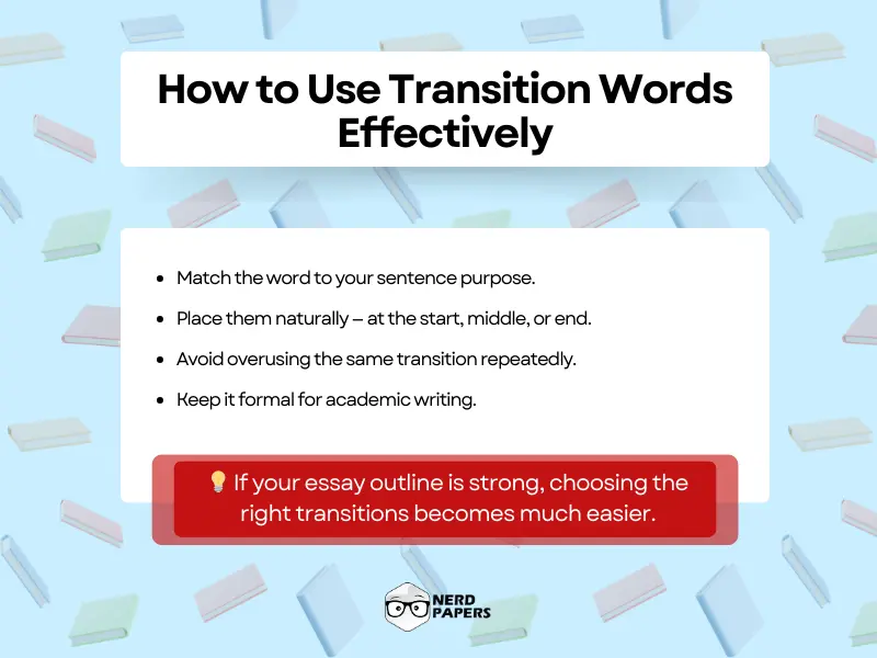 Tips on how to use transition words effectively in academic essays.