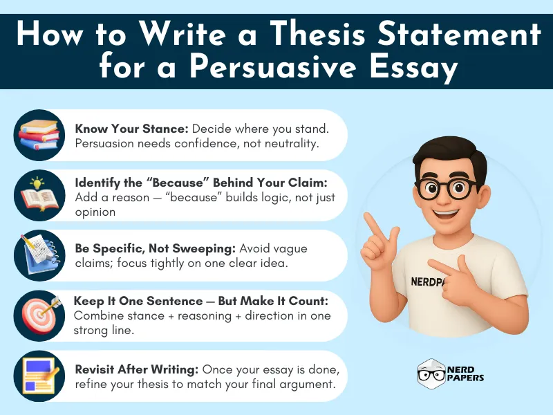 Step-by-step guide on how to write a thesis statement for a persuasive essay.