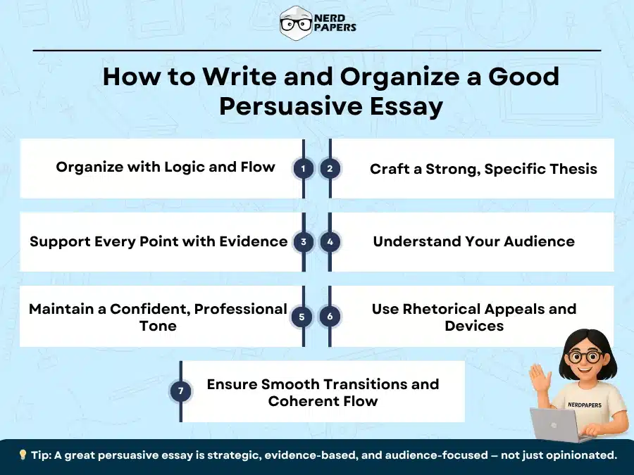 Step-by-step structure for writing and organizing a persuasive essay by Nerdpapers.