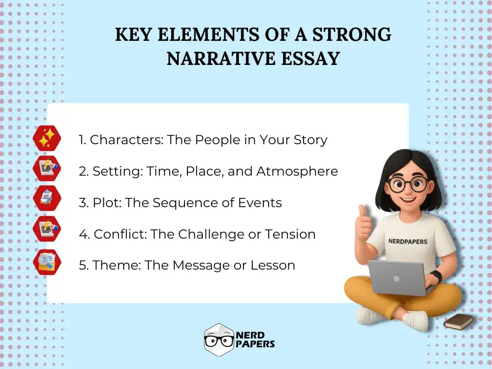 Key elements of a strong narrative essay including characters, setting, plot, conflict, and theme.