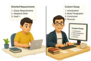 Visual showing custom essay writing process — from requirements to final essay with introduction, body, conclusion