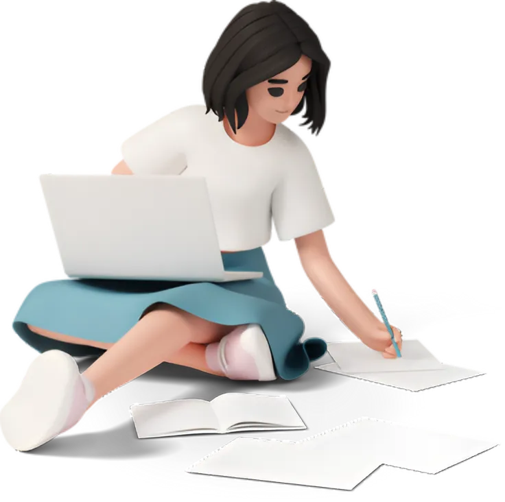 Woman sitting on floor with laptop and papers, working on assignment writing service