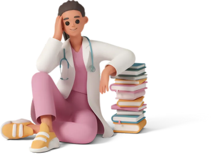 A doctor sitting on a stack of books, symbolizing knowledge and expertise in the medical field.