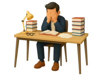 Stressed student sitting at a desk overwhelmed by books and assignments before a task deadline