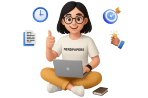 Happy writer giving thumbs-up with icons for deadlines, research, and success around them for persuasive essay writing service.