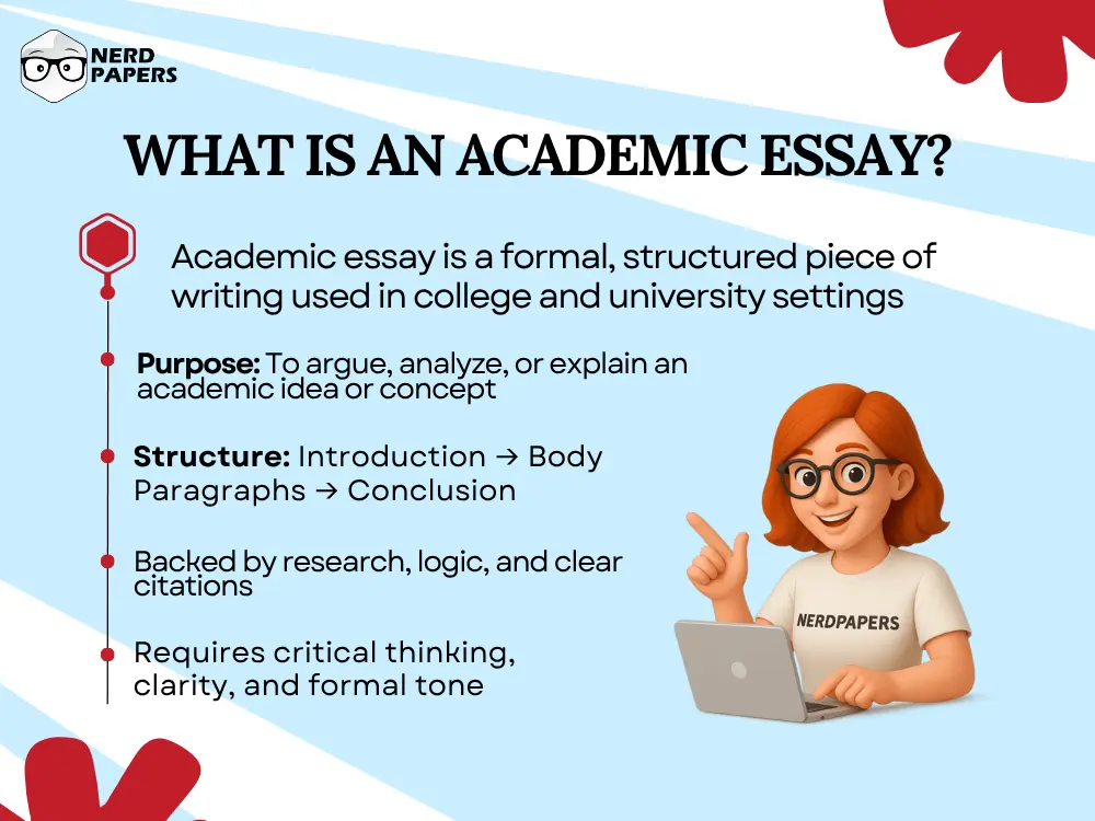 An infographic displaying what is an academic essay with its purpose, structure, and critical thinking