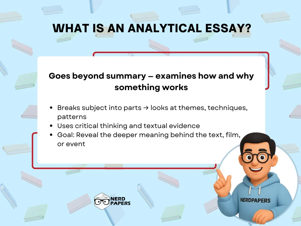 Analytical essay definition infographic explaining key features and goals