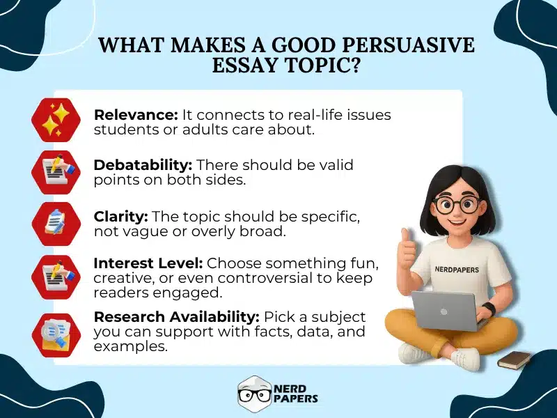 What makes a good persuasive essay topic — key traits like relevance, clarity, and debatable focus.
